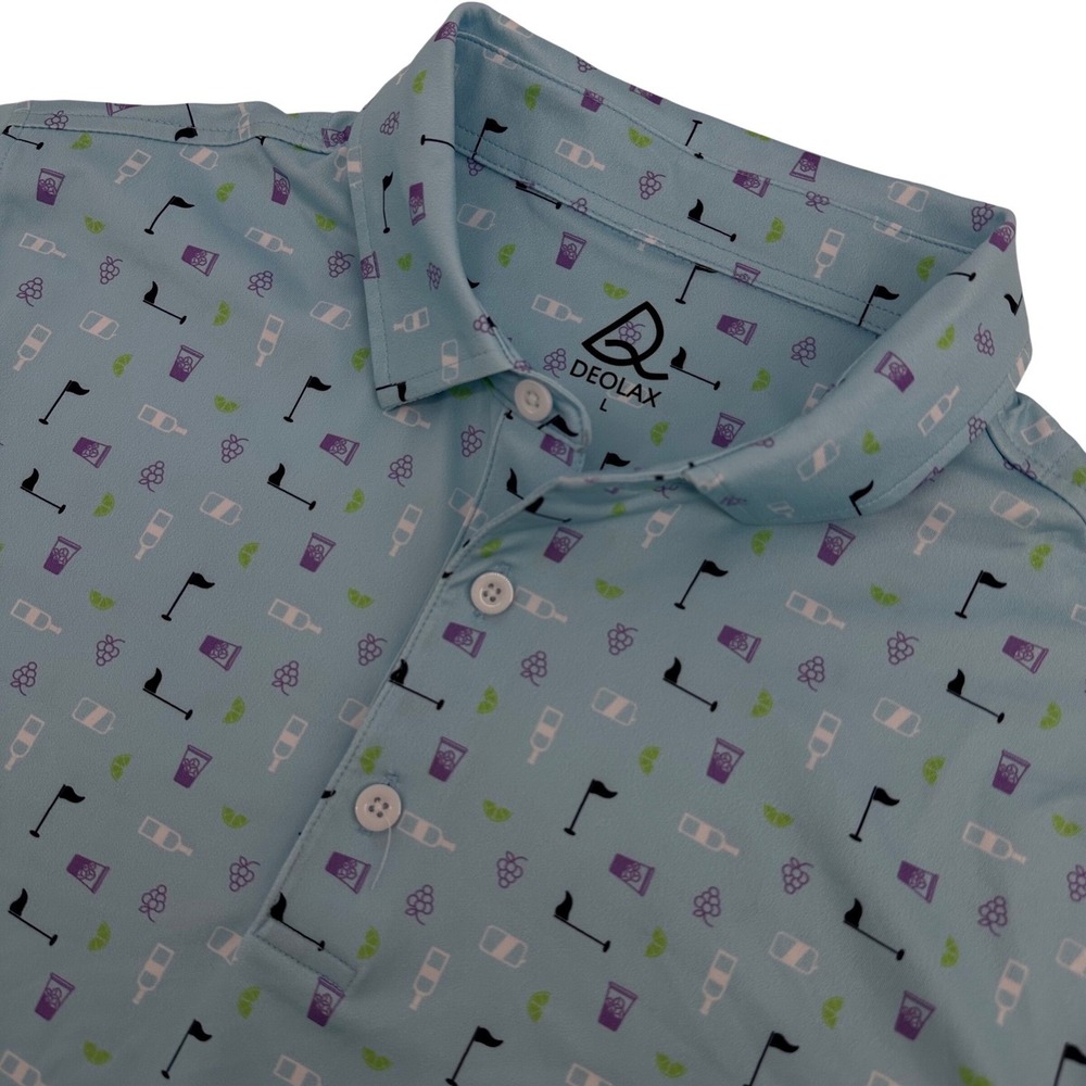 Deolax Polo Shirt Mens Large Blue Golf Flag Cocktail Print Short Sleeve Stretch